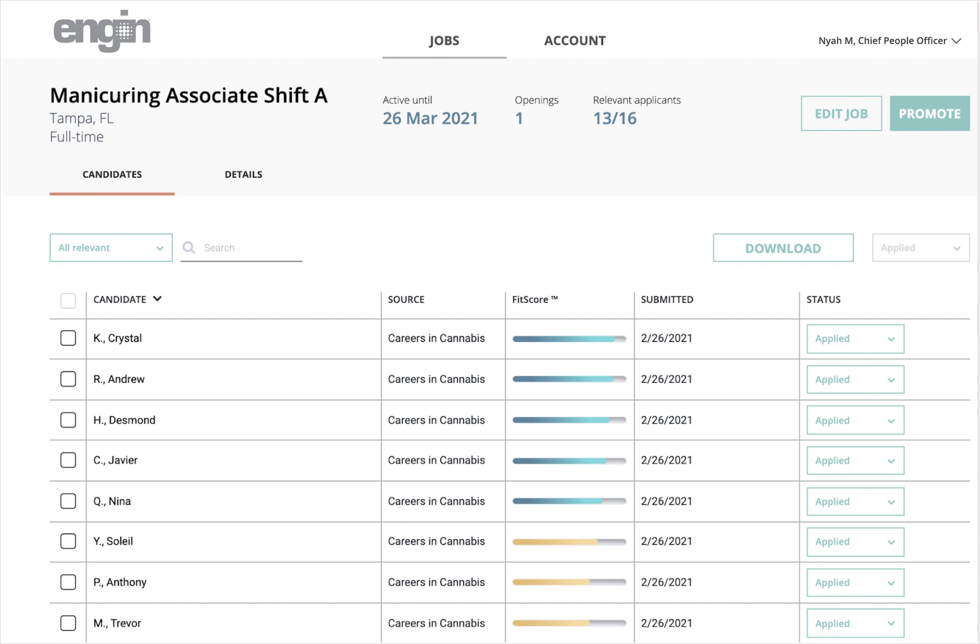 Review candidates on the engin dashboard