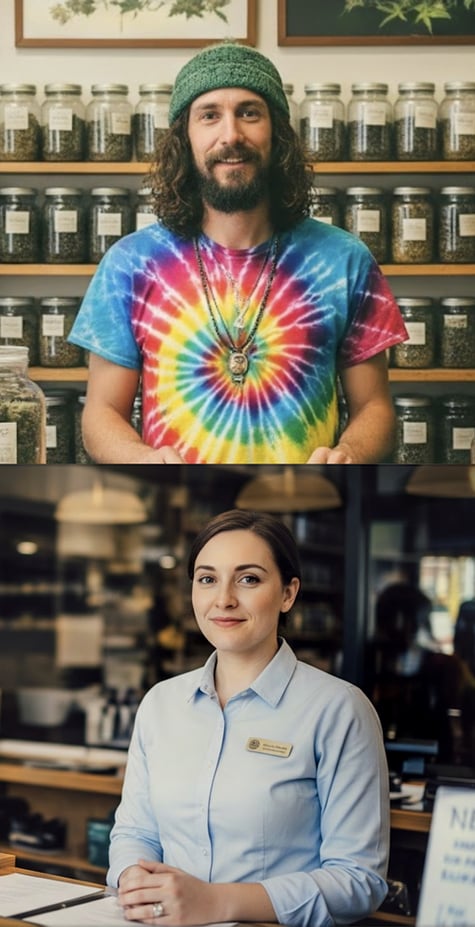 2 budtenders/"wellness consultants": a photo of a young white man in a stocking cap and colorful tie-dye short in front of jars of cannabis; and below, a young Mediterranean woman in a crisp shirt with a name tag in front of what appears to be a complex business operation