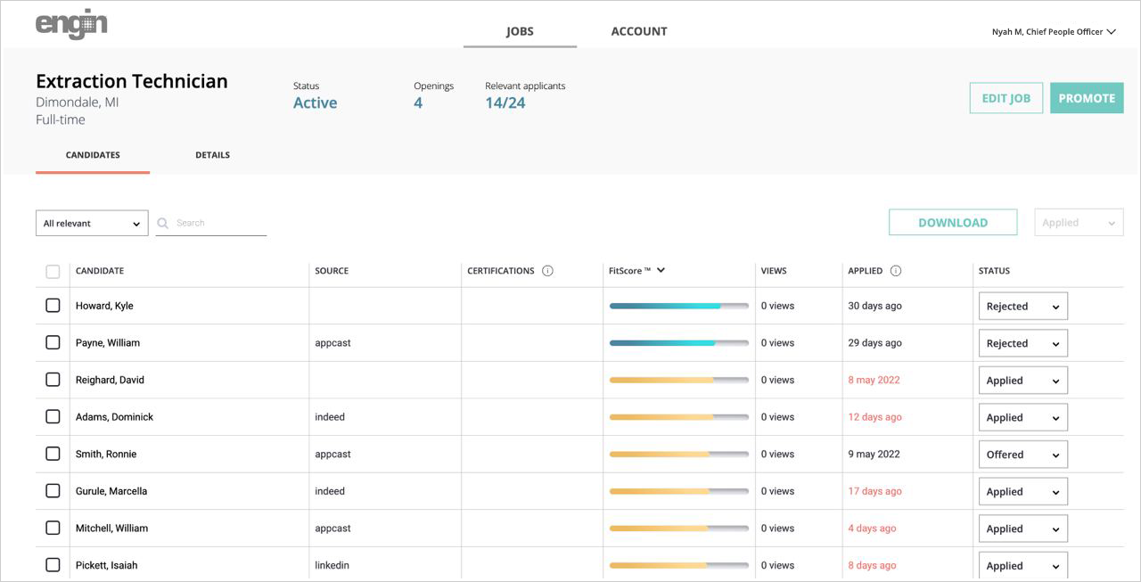 Compare and engage with applicants on the engin dashboard